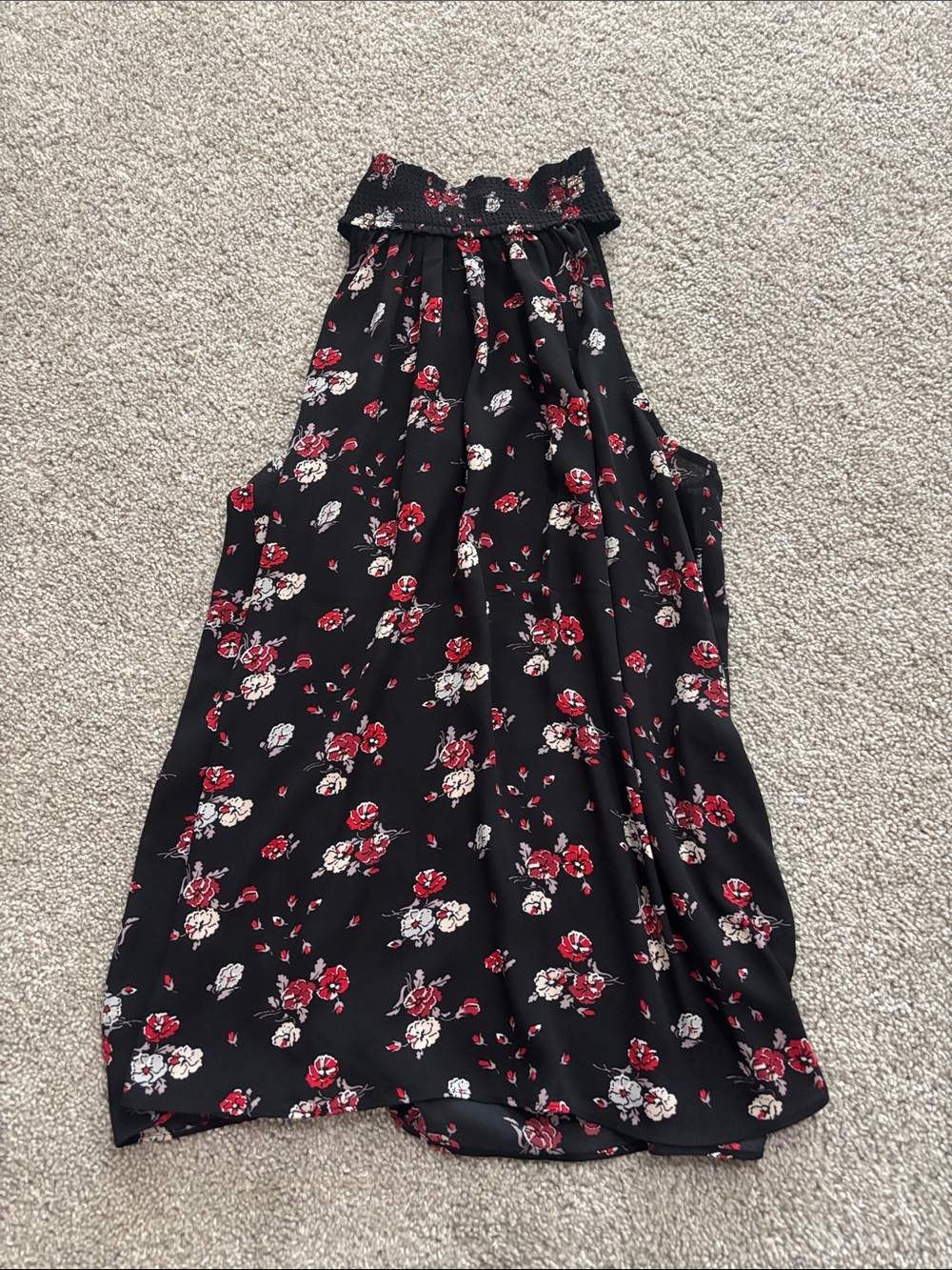 LOFT Black Floral Smocked Halter Blouse with Red & White Flowers